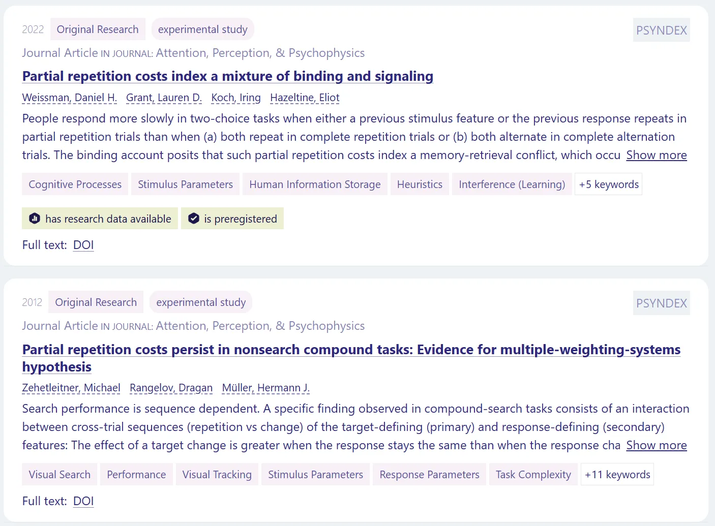 Trefferliste mit Open Science-Informationen